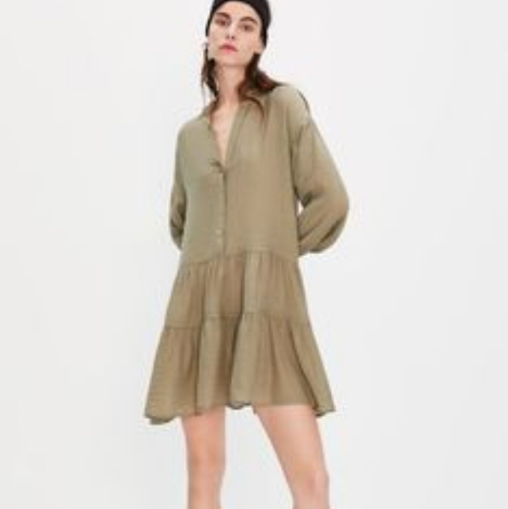 Zara Olive Tiered Textured Dress